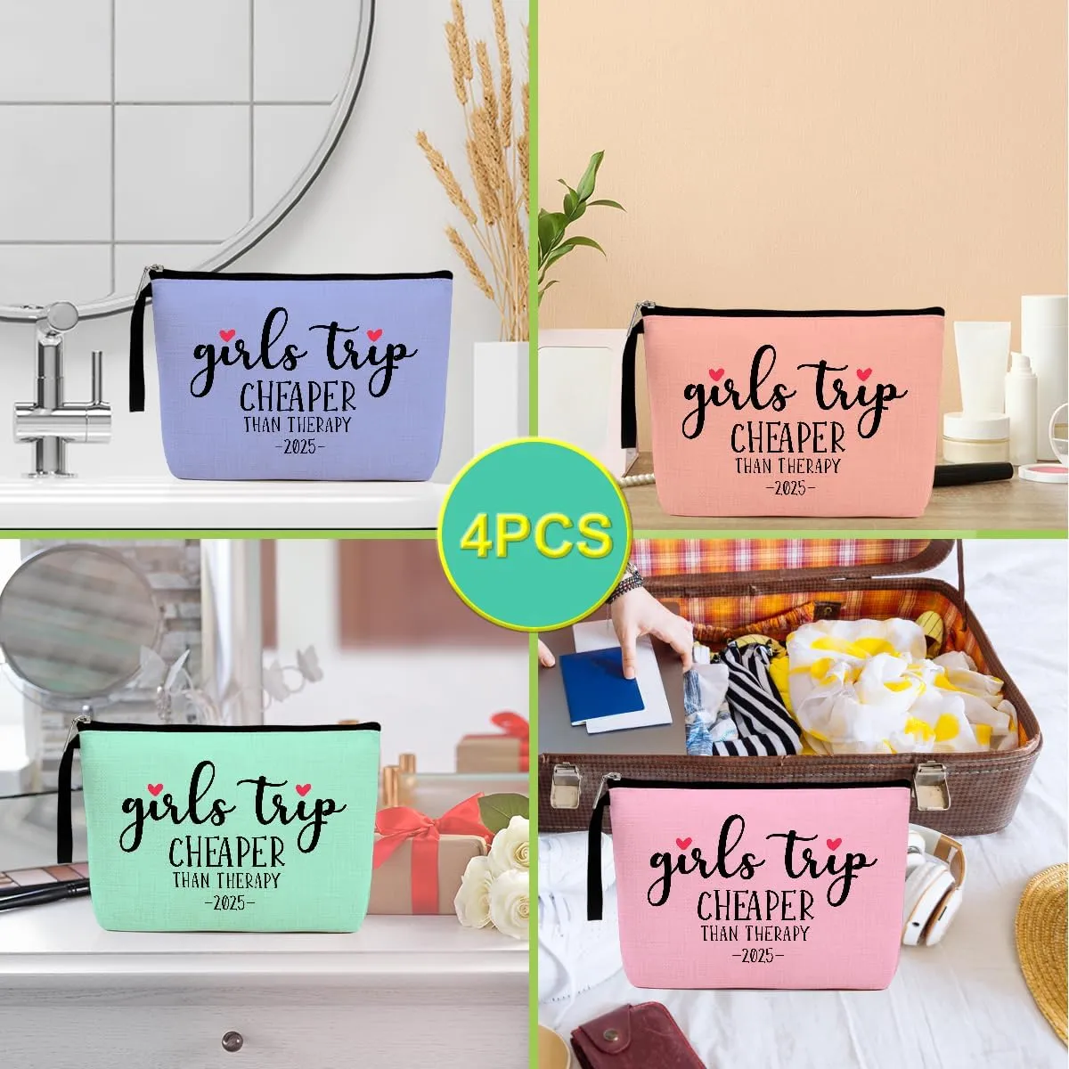 Hanamiya Na 4Pcs Girls Trip Gifts Favors Weekend Bag Funny Makeup Bag Weekender Bags for Women Girls Sister Cosmetic Bag Zipper Pouch Wedding Bachelorette Party