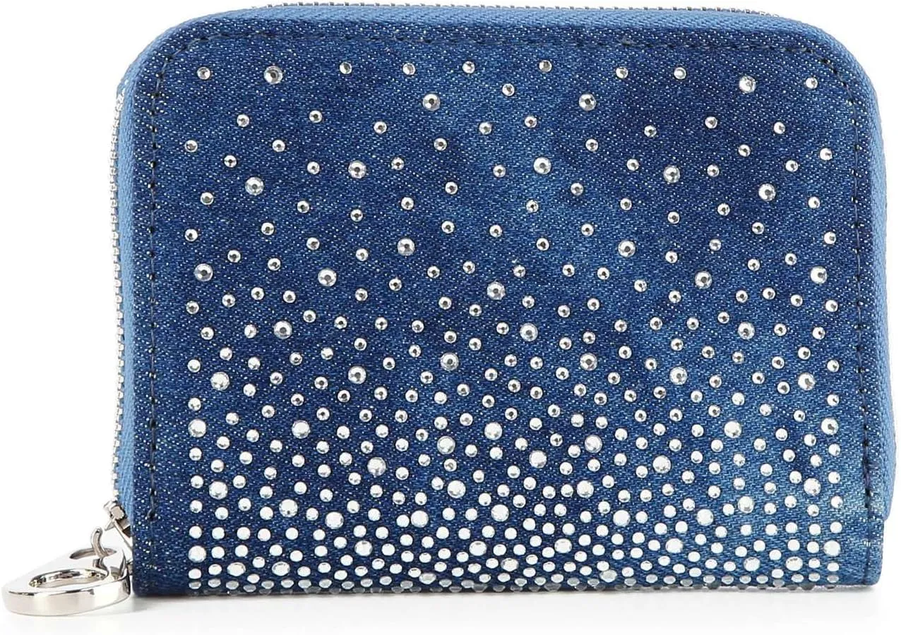 Handbag Express Rhinestone Design Zip Around Petite Wallet (Blue-Stardust)