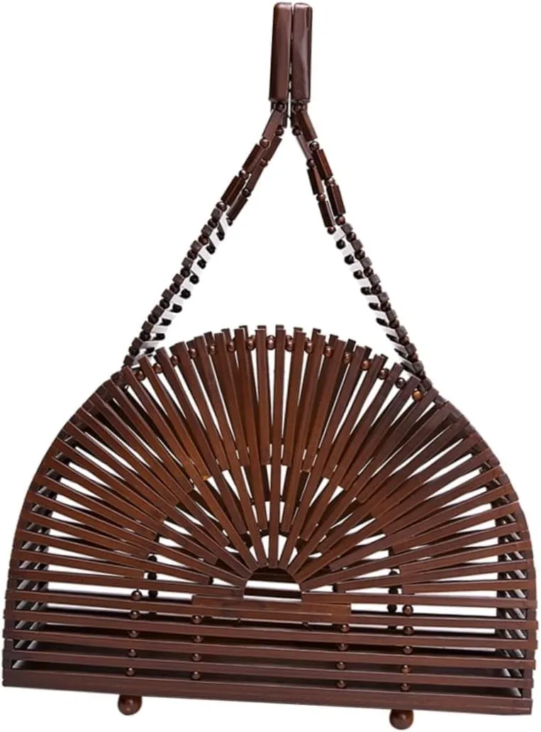 Handmade Bamboo Semicircle Cage Khaki Handbag Ideal Beach Bag for Girlfriend Present Color