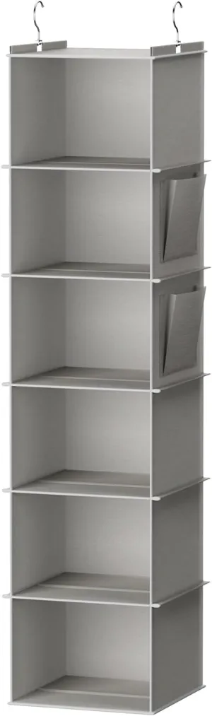 Hanging Closet Organizer and Storage, 6-Shelf Closet Hanging Shelves | Sturdy Bamboo Structure Cloth Hanging Storage, Sweater Organizer, 11.8” x 11.8” x 47.2”, Light Grey