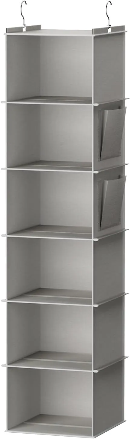 Hanging Closet Organizer and Storage, 6-Shelf Closet Hanging Shelves | Sturdy Bamboo Structure Cloth Hanging Storage, Sweater Organizer, 11.8” x 11.8” x 47.2”, Light Grey