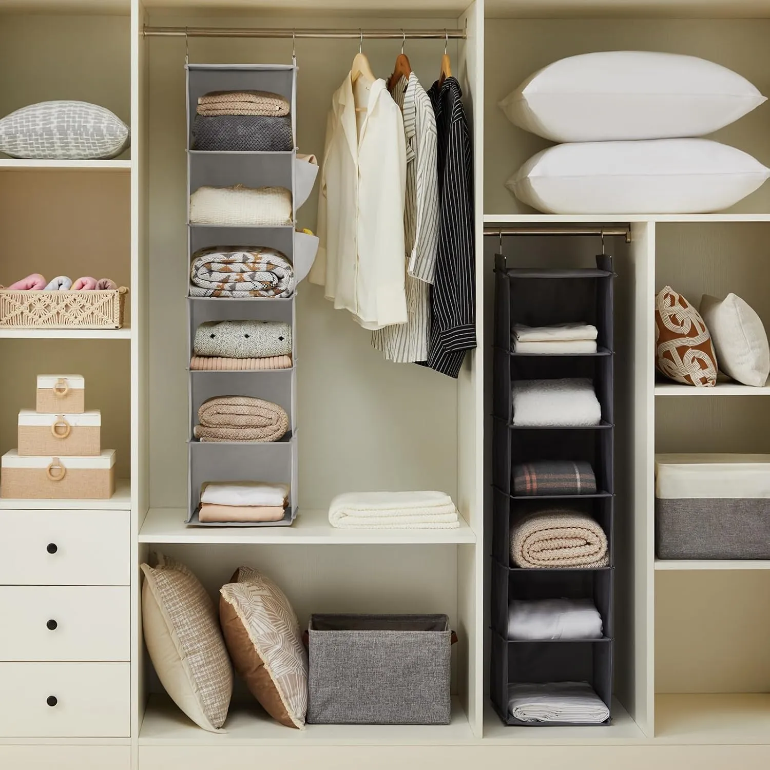 Hanging Closet Organizer and Storage, 6-Shelf Closet Hanging Shelves | Sturdy Bamboo Structure Cloth Hanging Storage, Sweater Organizer, 11.8” x 11.8” x 47.2”, Light Grey