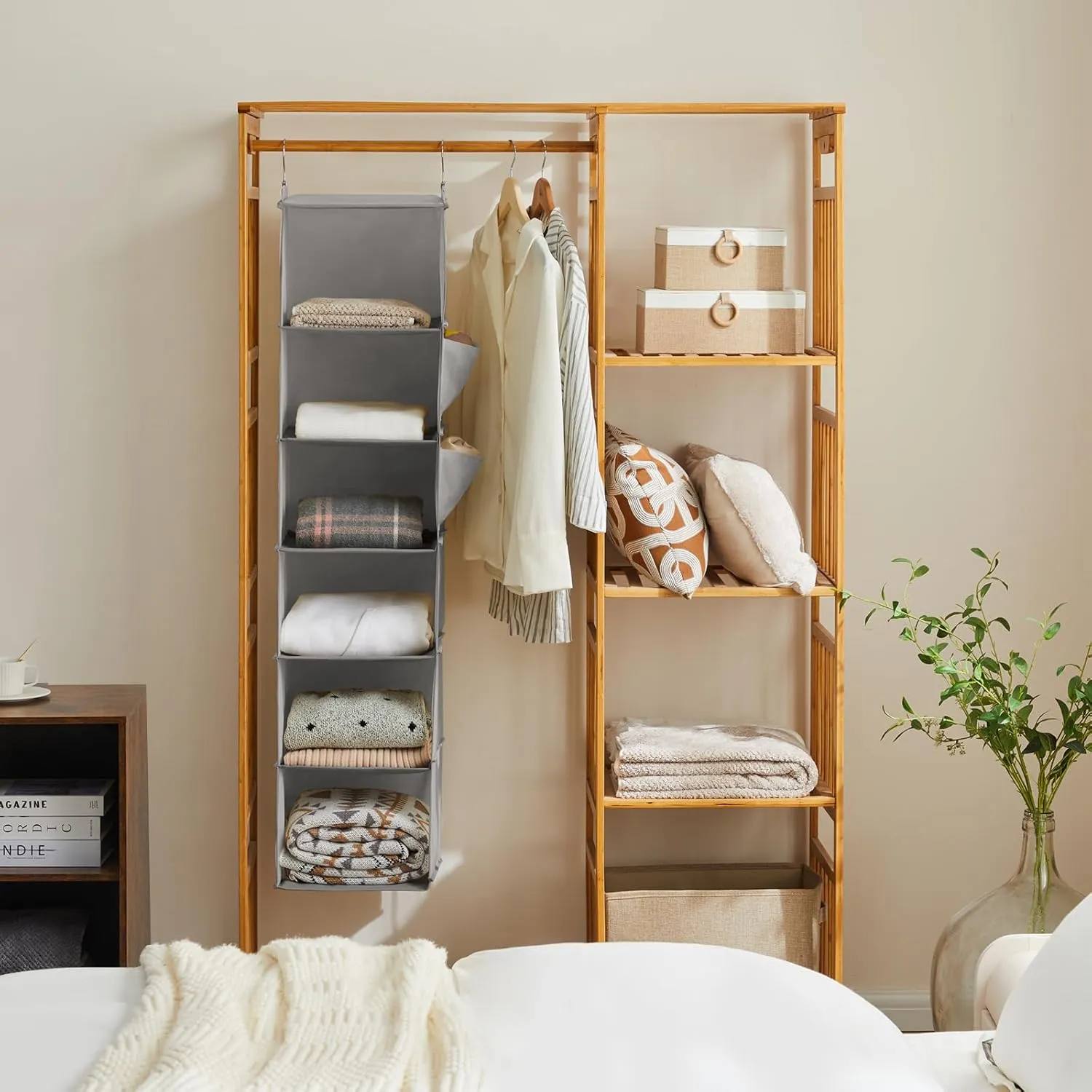 Hanging Closet Organizer and Storage, 6-Shelf Closet Hanging Shelves | Sturdy Bamboo Structure Cloth Hanging Storage, Sweater Organizer, 11.8” x 11.8” x 47.2”, Light Grey