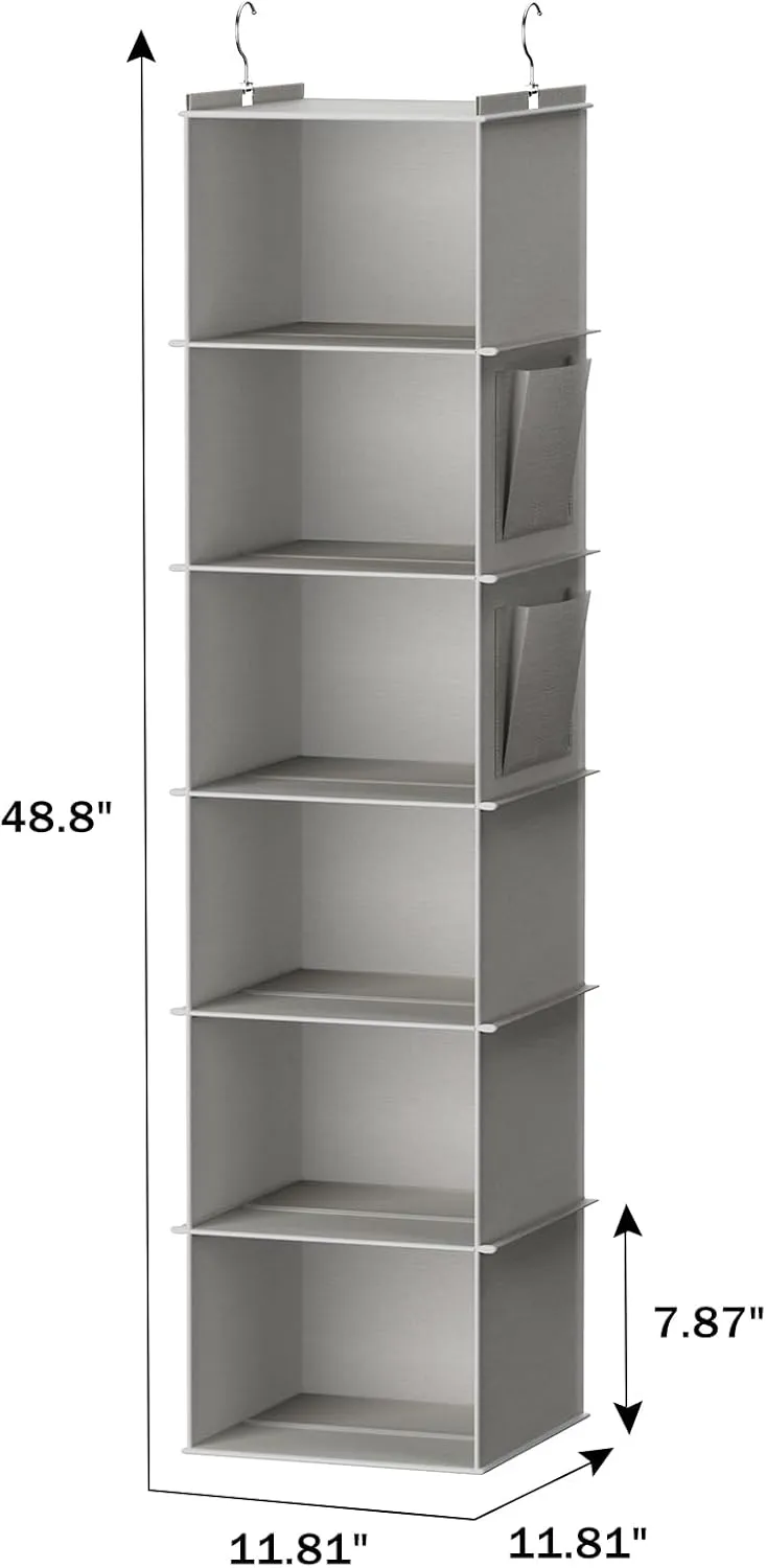 Hanging Closet Organizer and Storage, 6-Shelf Closet Hanging Shelves | Sturdy Bamboo Structure Cloth Hanging Storage, Sweater Organizer, 11.8” x 11.8” x 47.2”, Light Grey