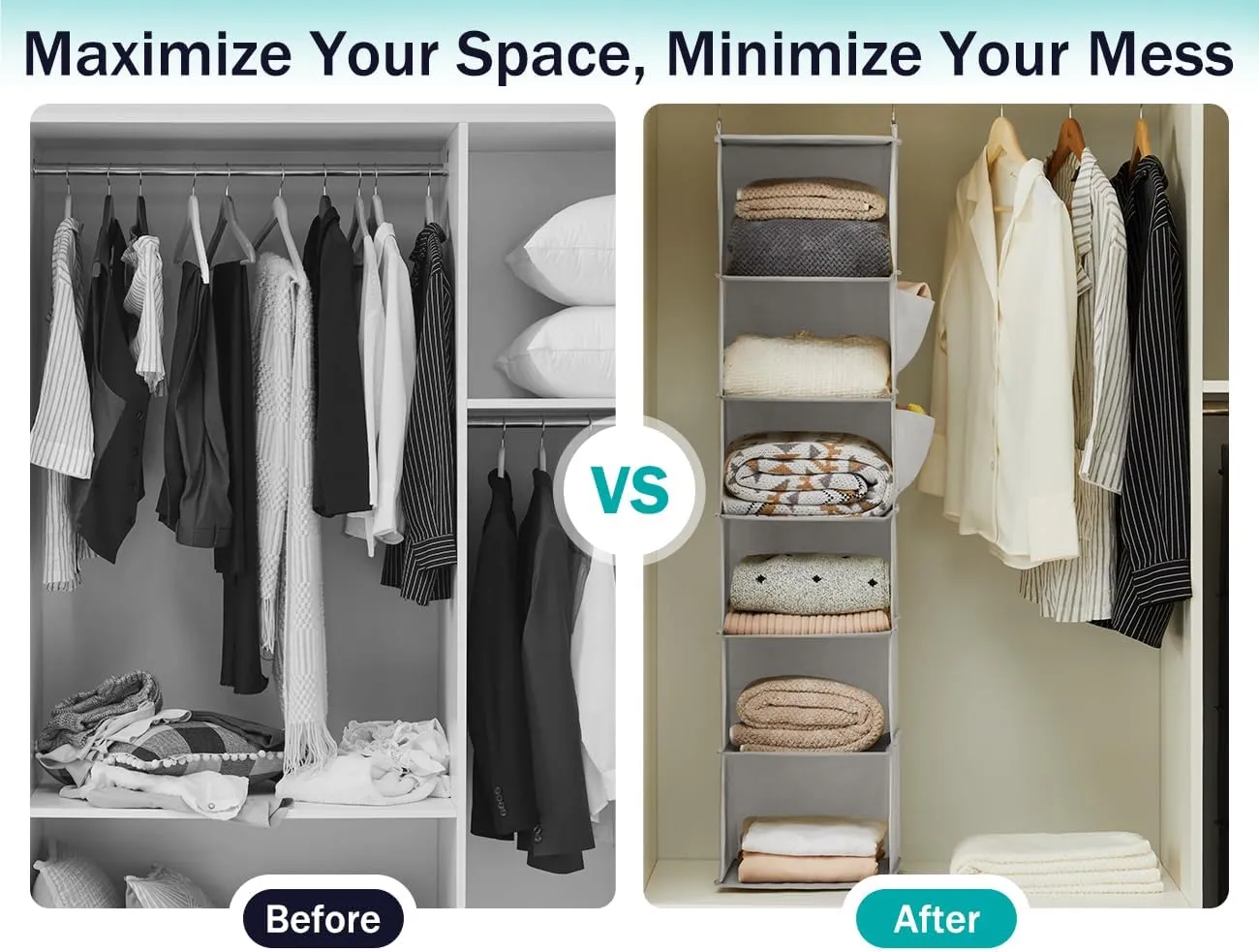 Hanging Closet Organizer and Storage, 6-Shelf Closet Hanging Shelves | Sturdy Bamboo Structure Cloth Hanging Storage, Sweater Organizer, 11.8” x 11.8” x 47.2”, Light Grey