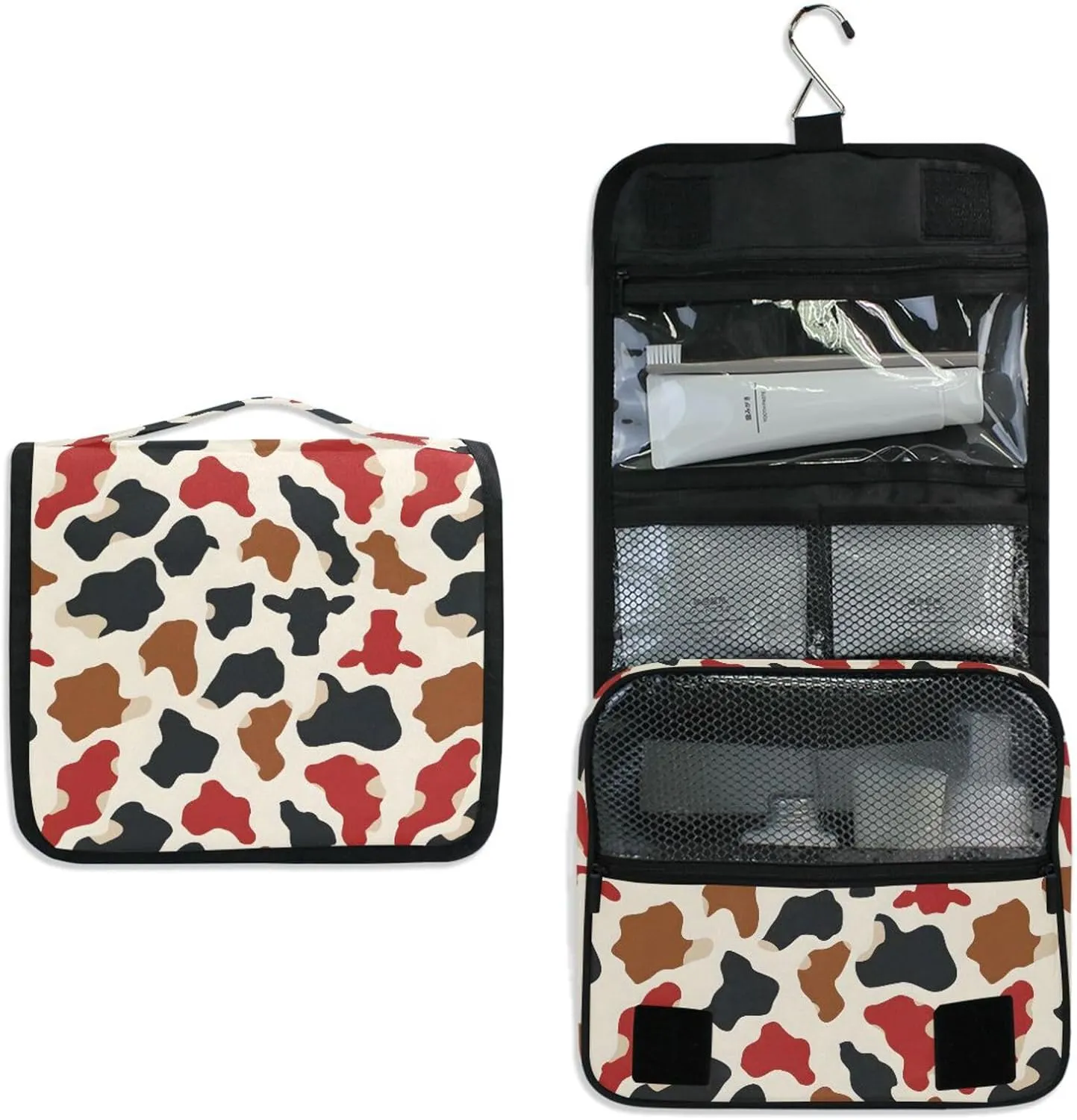 Hanging Toiletry Bag Brown Black and Red Cow Spots Travel Makeup bag for Toiletries Portable Travel Toiletry Organizer Cosmetic Bags with Hanging Hook
