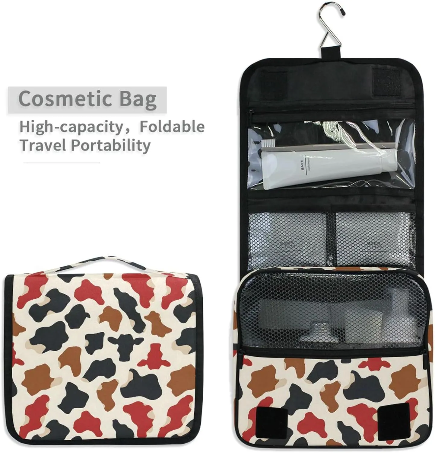 Hanging Toiletry Bag Brown Black and Red Cow Spots Travel Makeup bag for Toiletries Portable Travel Toiletry Organizer Cosmetic Bags with Hanging Hook
