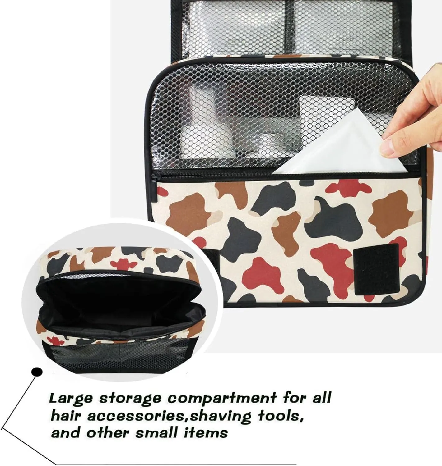 Hanging Toiletry Bag Brown Black and Red Cow Spots Travel Makeup bag for Toiletries Portable Travel Toiletry Organizer Cosmetic Bags with Hanging Hook