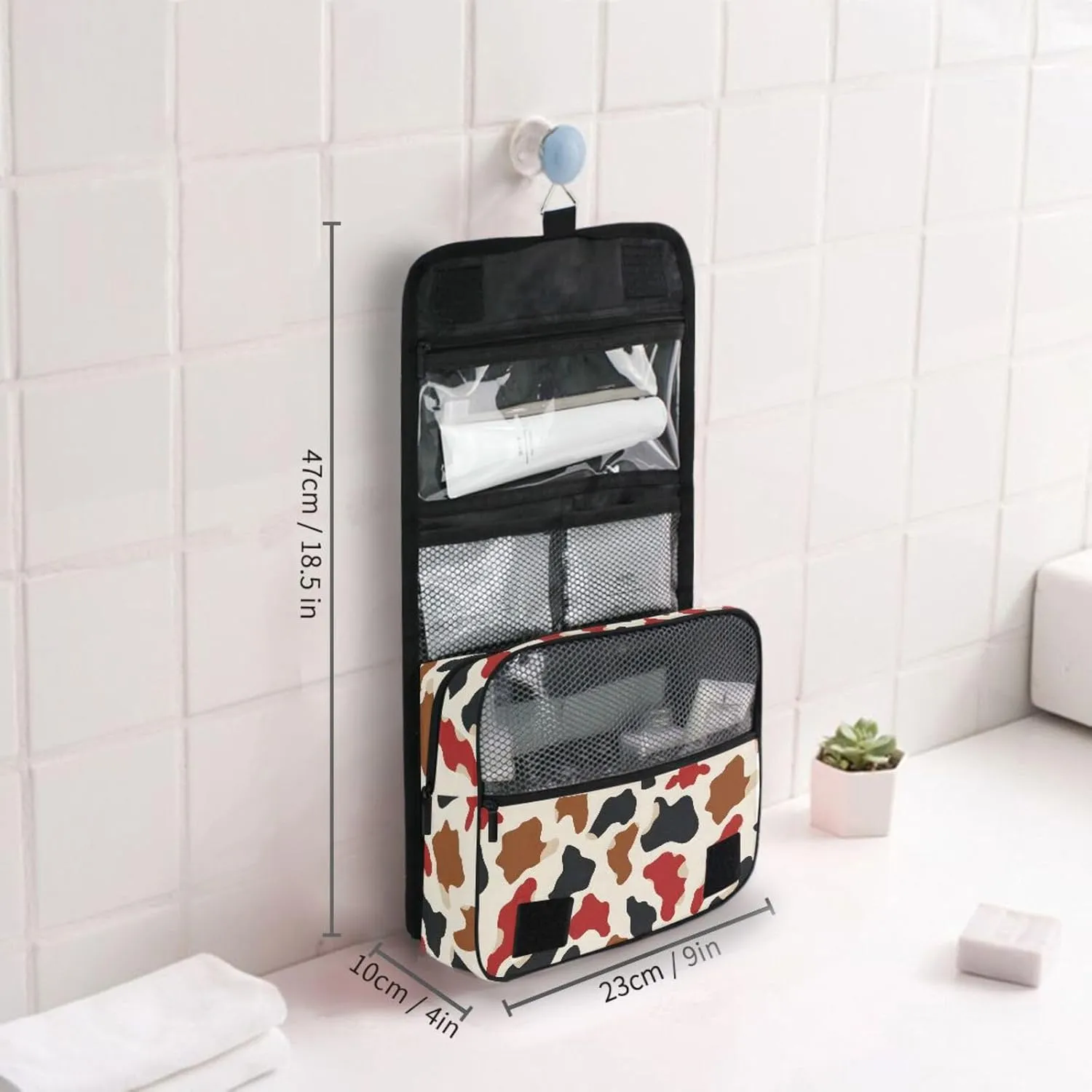 Hanging Toiletry Bag Brown Black and Red Cow Spots Travel Makeup bag for Toiletries Portable Travel Toiletry Organizer Cosmetic Bags with Hanging Hook