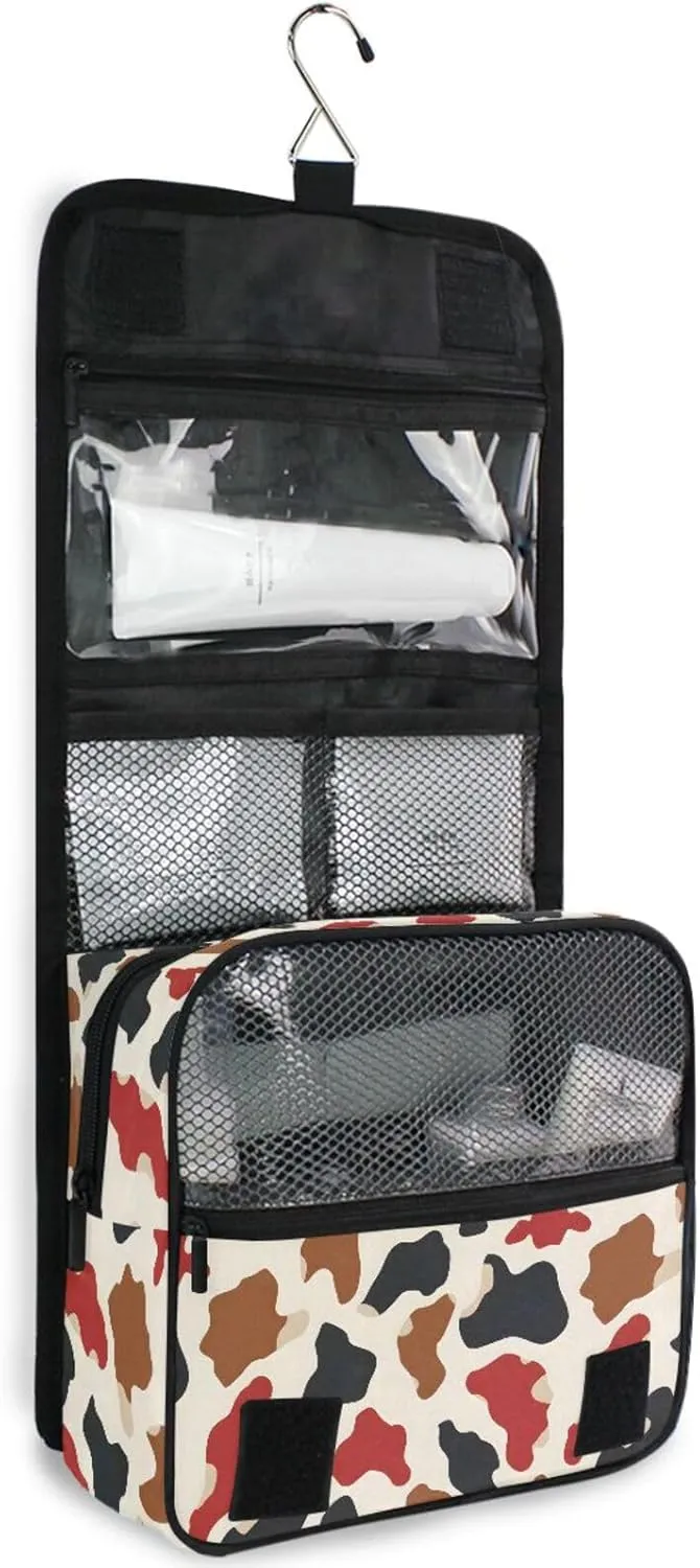 Hanging Toiletry Bag Brown Black and Red Cow Spots Travel Makeup bag for Toiletries Portable Travel Toiletry Organizer Cosmetic Bags with Hanging Hook