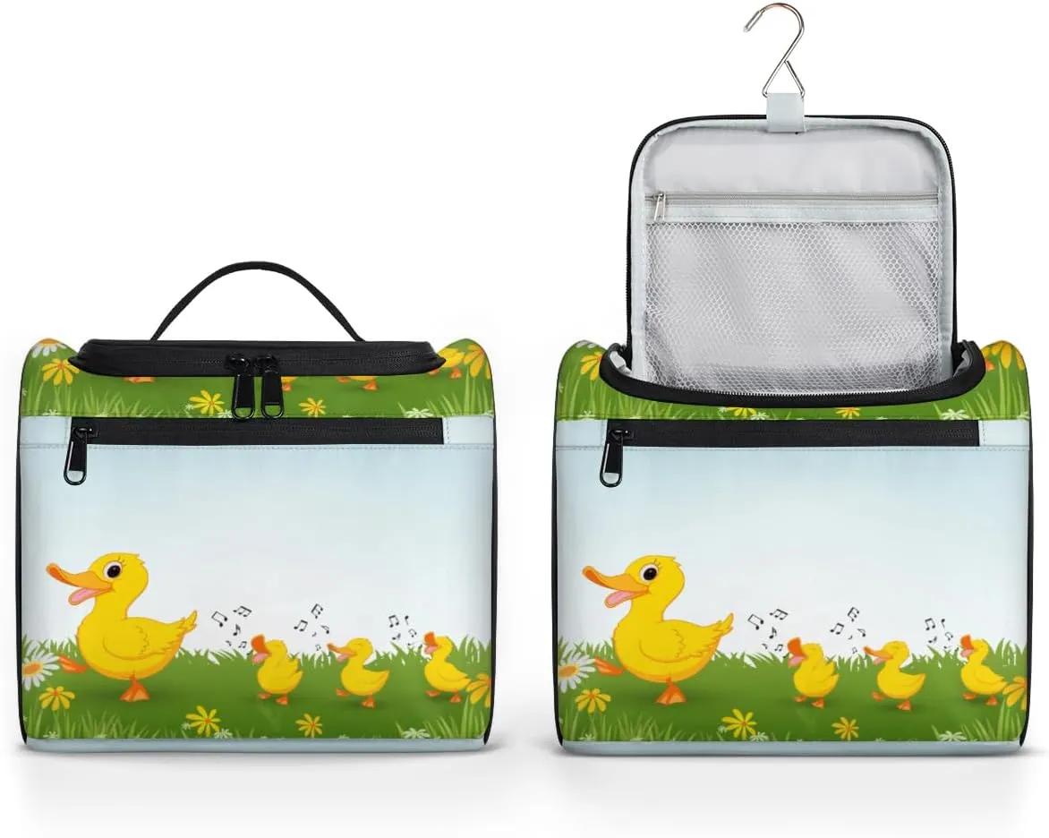 Happy Duck Flower Travel Makeup Bag for Women Men Cute Duck Portable Waterproof Cosmetic Bag Large Capacity Toiletry Bag Make up Case Organizer Bathroom Shower Bag with Handle Travel Accessories