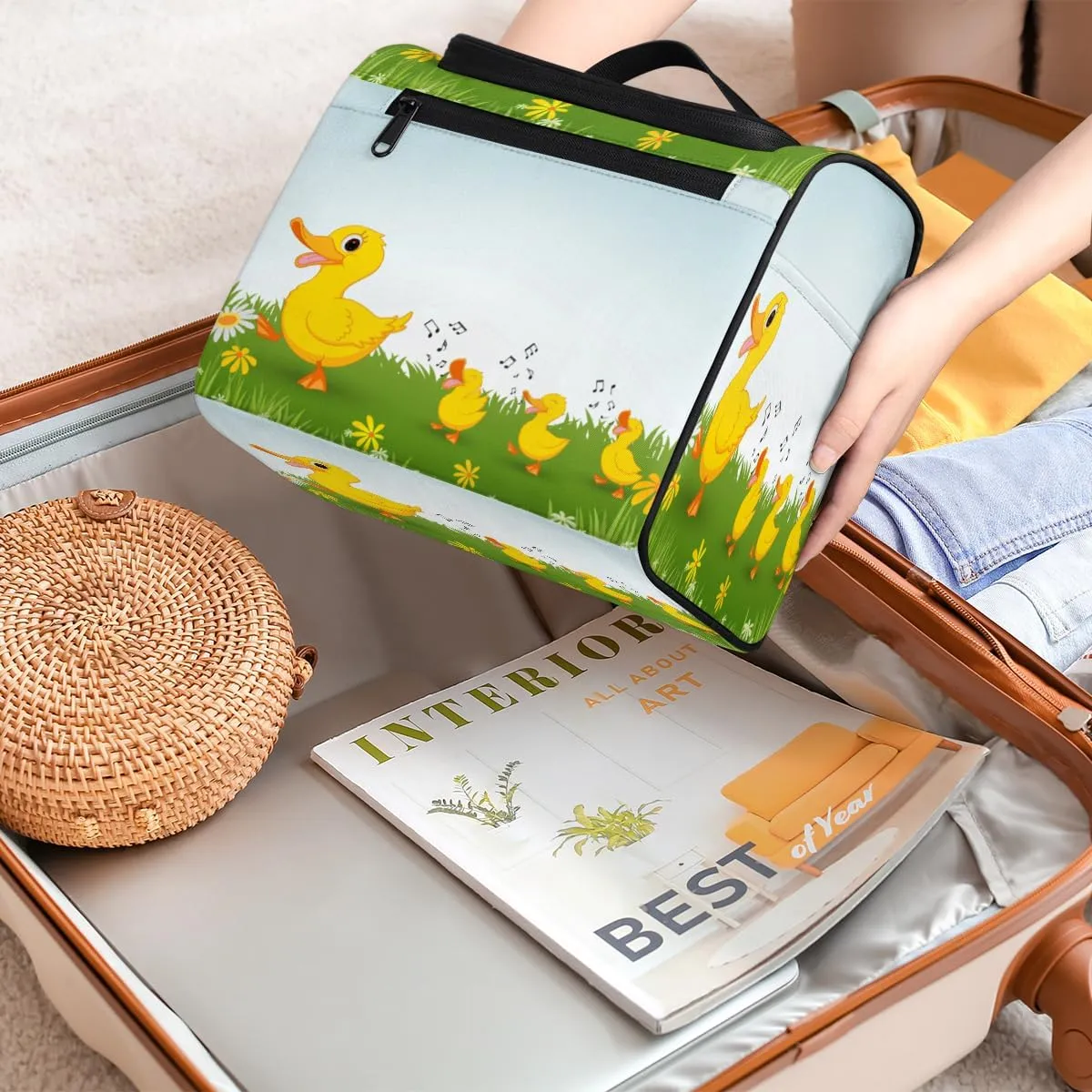 Happy Duck Flower Travel Makeup Bag for Women Men Cute Duck Portable Waterproof Cosmetic Bag Large Capacity Toiletry Bag Make up Case Organizer Bathroom Shower Bag with Handle Travel Accessories
