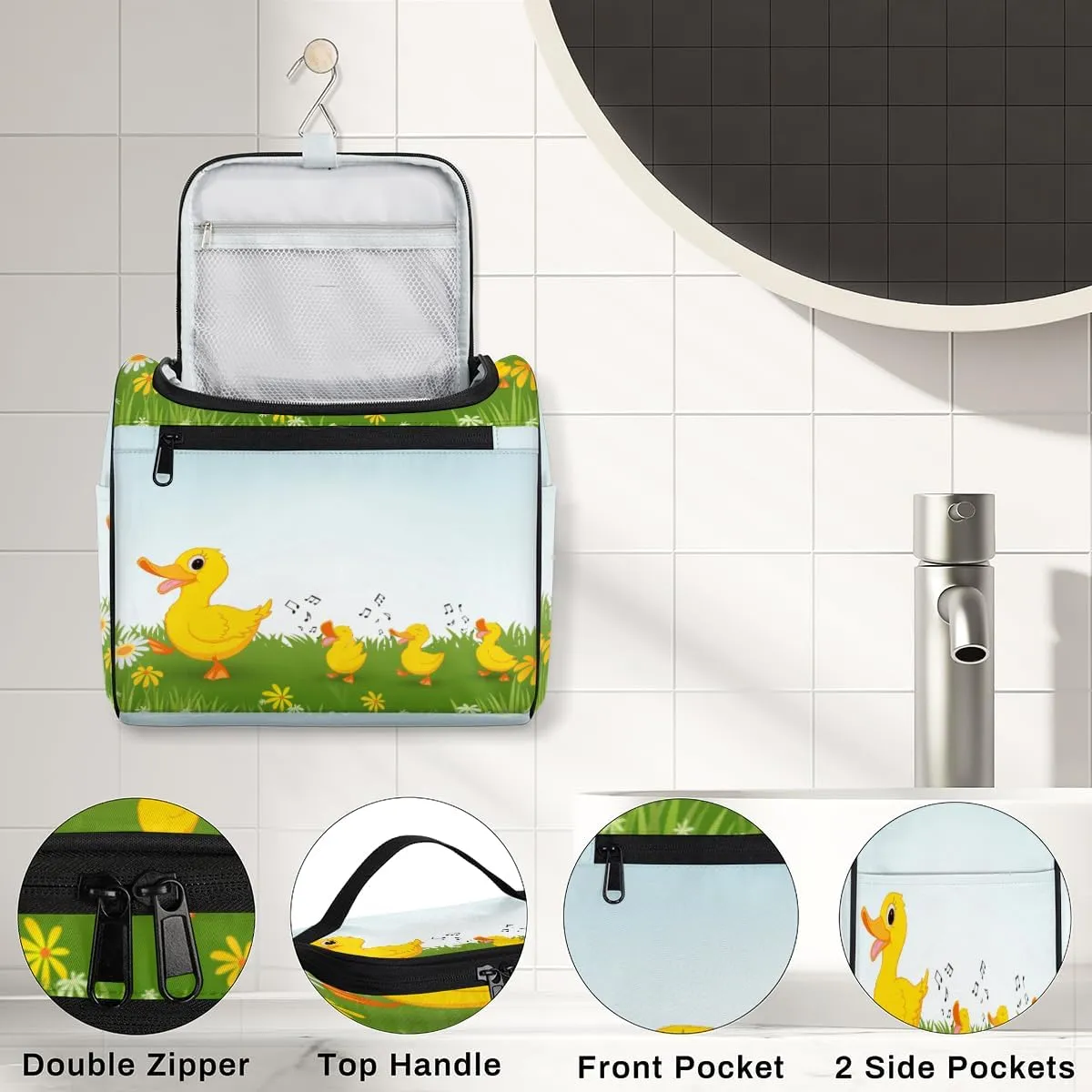 Happy Duck Flower Travel Makeup Bag for Women Men Cute Duck Portable Waterproof Cosmetic Bag Large Capacity Toiletry Bag Make up Case Organizer Bathroom Shower Bag with Handle Travel Accessories