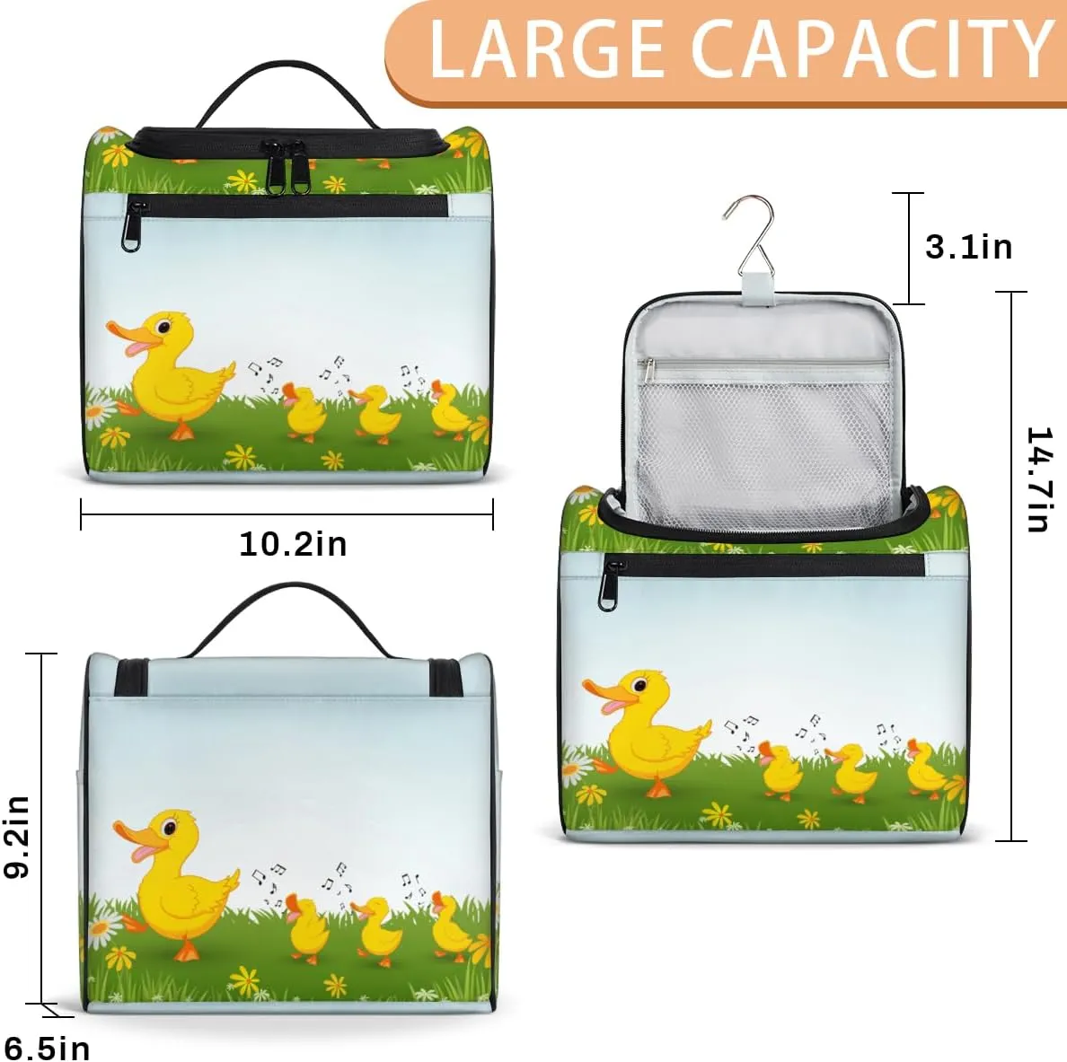 Happy Duck Flower Travel Makeup Bag for Women Men Cute Duck Portable Waterproof Cosmetic Bag Large Capacity Toiletry Bag Make up Case Organizer Bathroom Shower Bag with Handle Travel Accessories