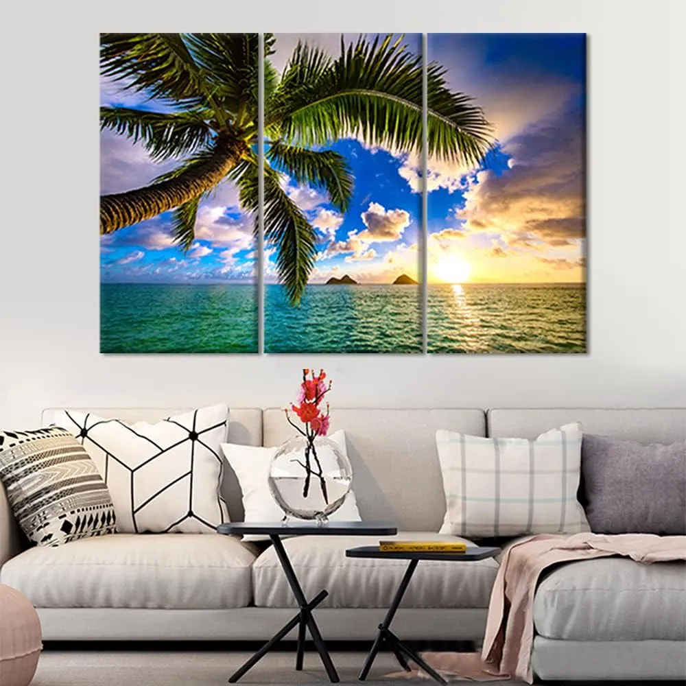 Hawaii Beach Wall Art - Beautiful Lanikai with Kailua Sunrise In Hawaii Canvas Pictures for Wall Sunrise Landscape 3 Panel Framed Painting for Bedroom Living Room Office Ready to Hang, 42" Wx28 H