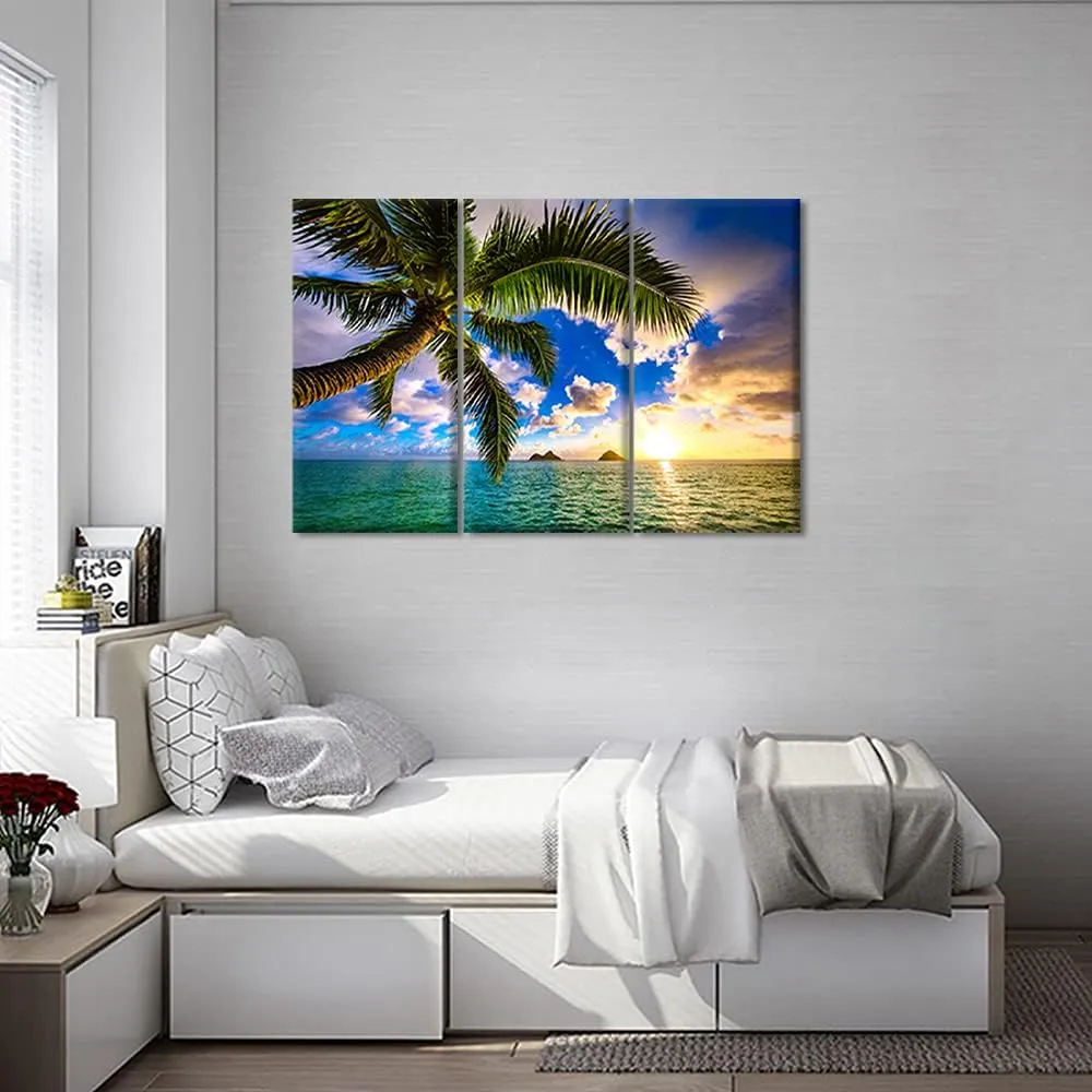 Hawaii Beach Wall Art - Beautiful Lanikai with Kailua Sunrise In Hawaii Canvas Pictures for Wall Sunrise Landscape 3 Panel Framed Painting for Bedroom Living Room Office Ready to Hang, 42" Wx28 H