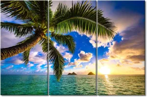 Hawaii Beach Wall Art - Beautiful Lanikai with Kailua Sunrise In Hawaii Canvas Pictures for Wall Sunrise Landscape 3 Panel Framed Painting for Bedroom Living Room Office Ready to Hang, 42" Wx28 H