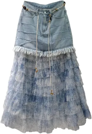 Hdhdeueh Womens Patchwork Jean Cake Skirts Denim Printed Mesh Burrs Edge A-Line High Waist Long Skirt
