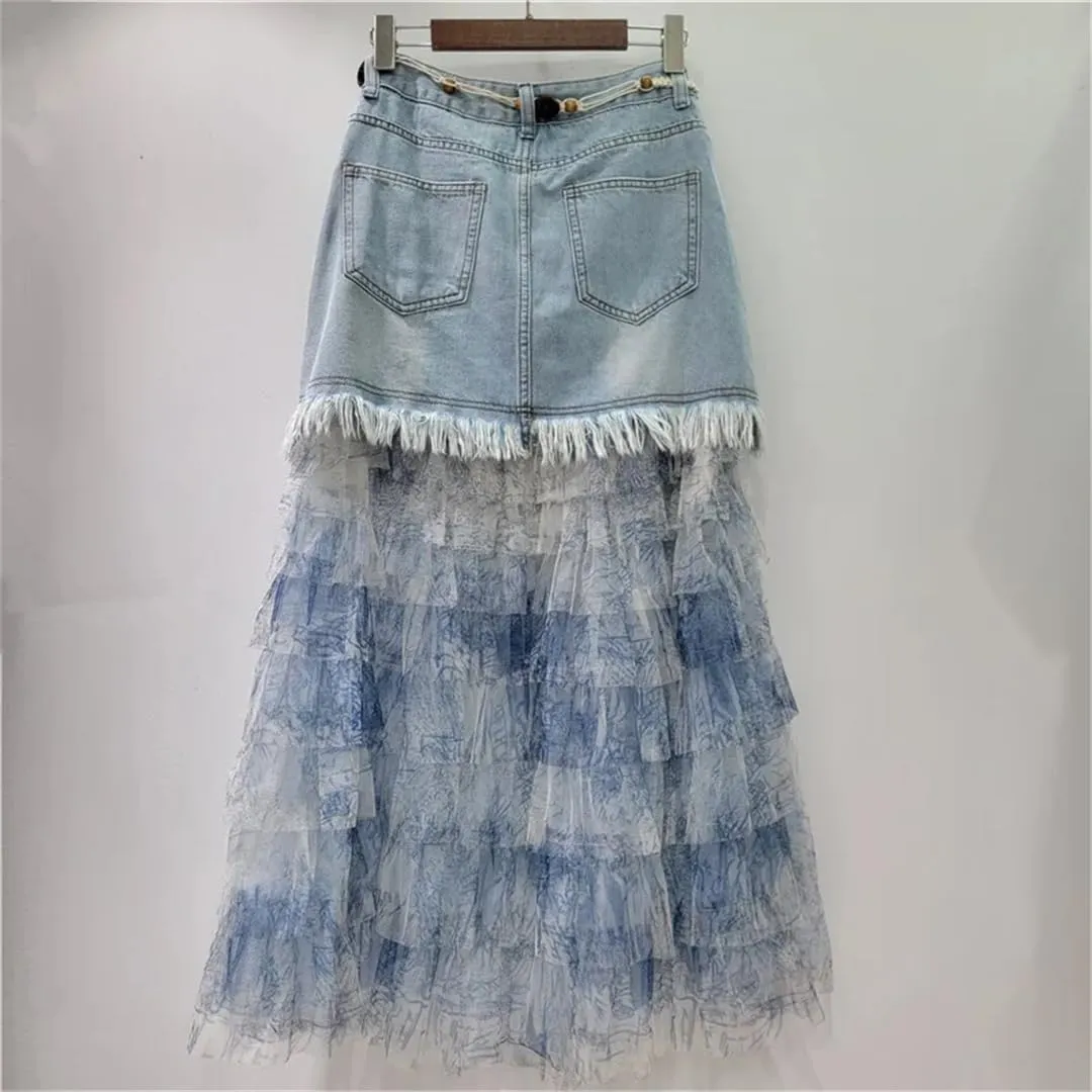 Hdhdeueh Womens Patchwork Jean Cake Skirts Denim Printed Mesh Burrs Edge A-Line High Waist Long Skirt