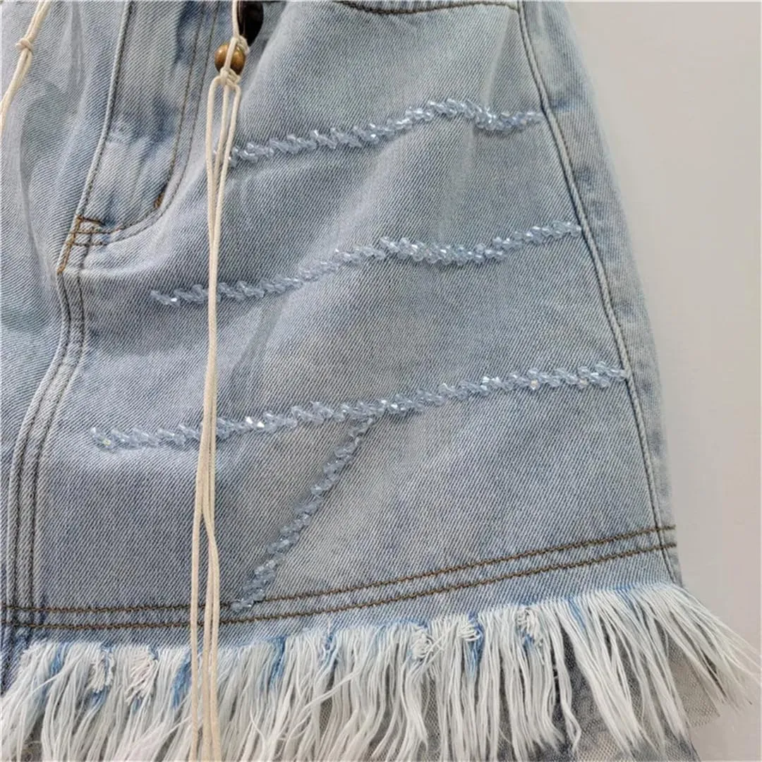 Hdhdeueh Womens Patchwork Jean Cake Skirts Denim Printed Mesh Burrs Edge A-Line High Waist Long Skirt