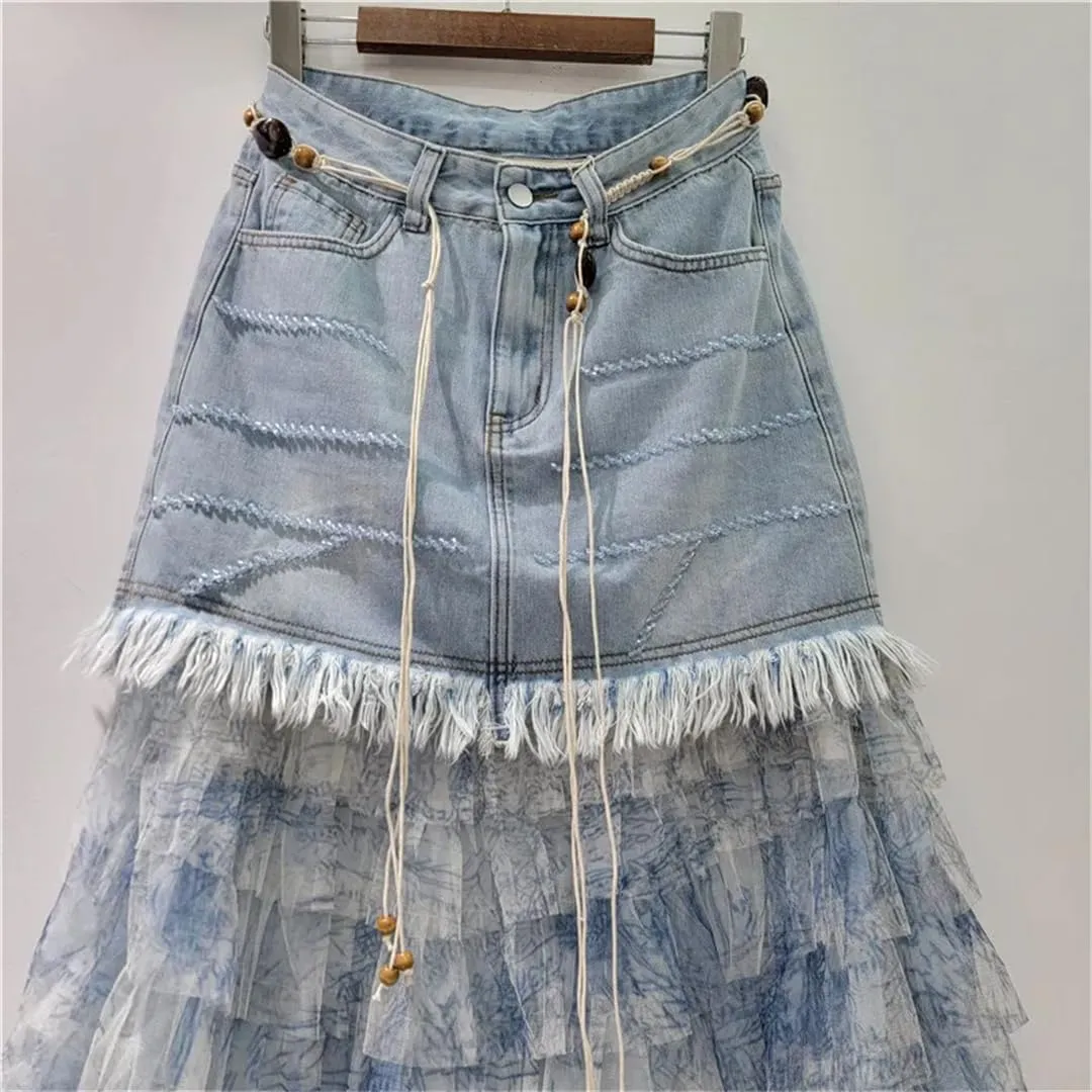 Hdhdeueh Womens Patchwork Jean Cake Skirts Denim Printed Mesh Burrs Edge A-Line High Waist Long Skirt