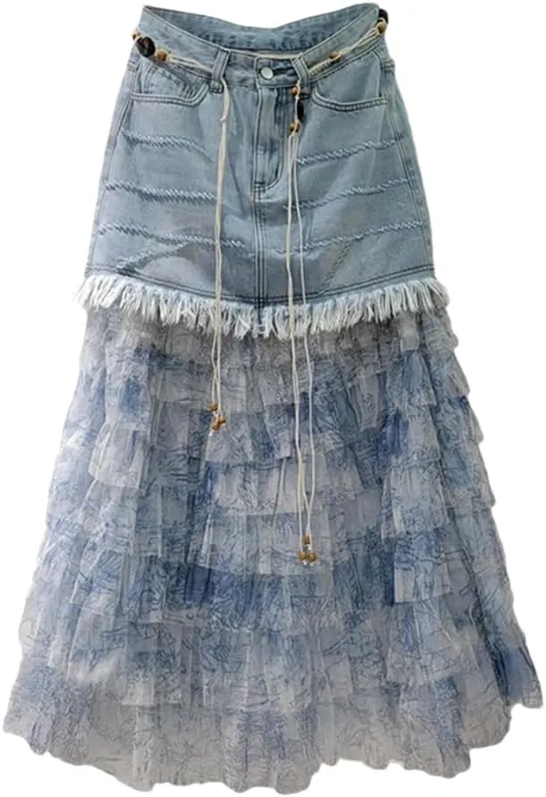 Hdhdeueh Womens Patchwork Jean Cake Skirts Denim Printed Mesh Burrs Edge A-Line High Waist Long Skirt
