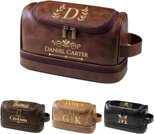 HDSD Personalized Travel Leather Toiletry Bag for Men Hanging Custom Groomsmen Gifts Cosmetic and Toiletries Bag (Reddish brown)