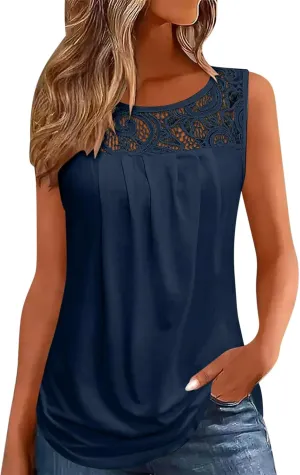 HGps8w Lace Patchwork Tank Tops for Women Dressy Pleated Summer T-Shirt 2025 Casual Sleeveless Crewneck Cute Going Out Tees