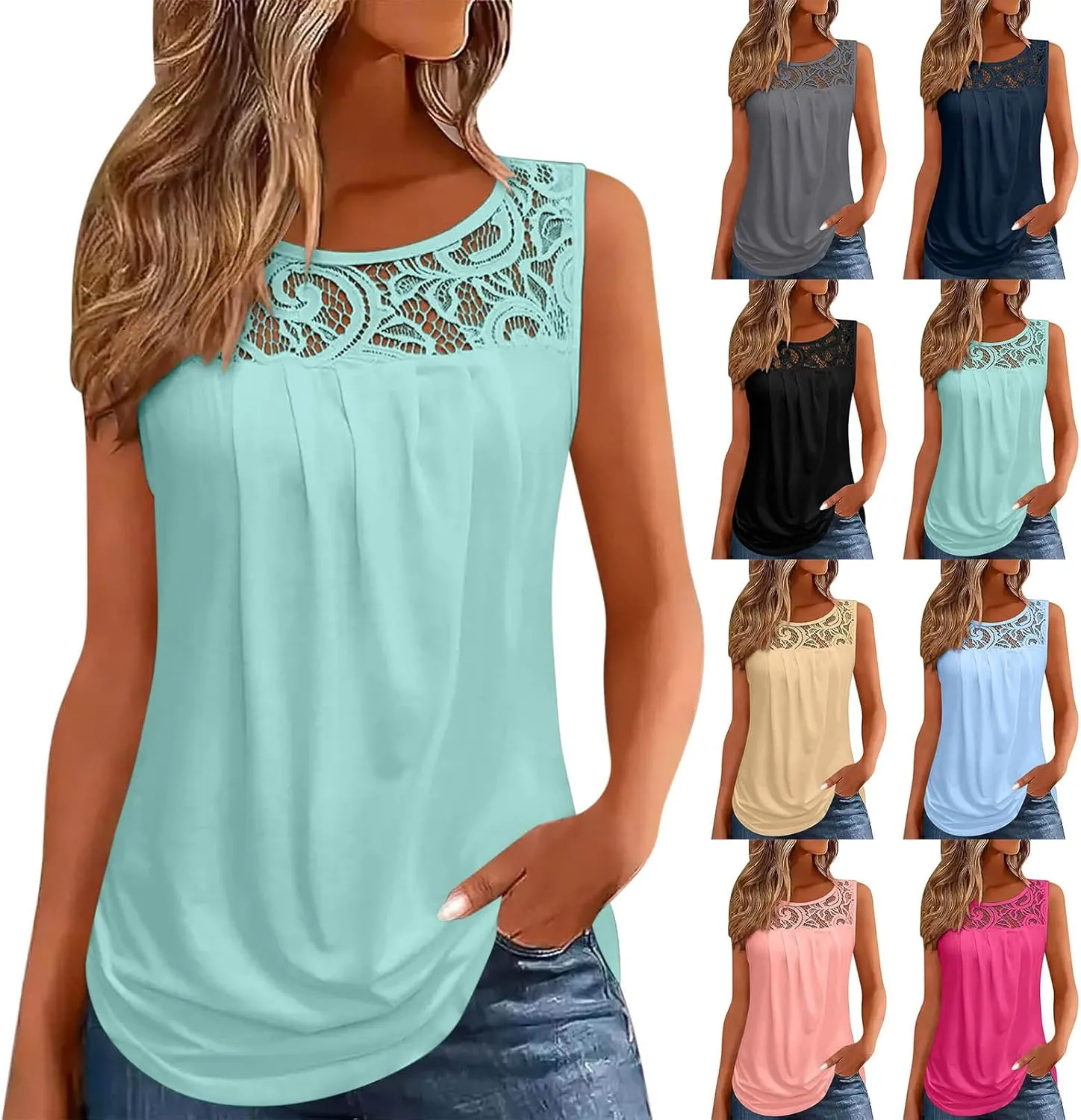 HGps8w Lace Patchwork Tank Tops for Women Dressy Pleated Summer T-Shirt 2025 Casual Sleeveless Crewneck Cute Going Out Tees