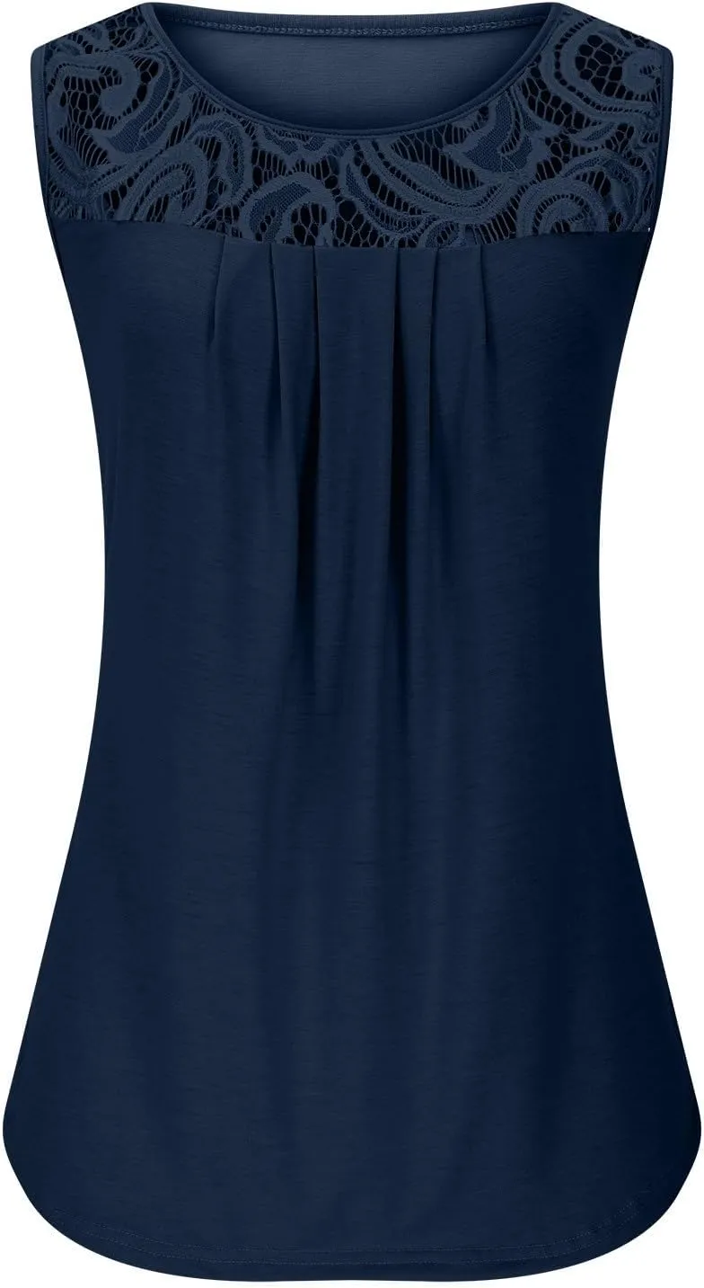 HGps8w Lace Patchwork Tank Tops for Women Dressy Pleated Summer T-Shirt 2025 Casual Sleeveless Crewneck Cute Going Out Tees