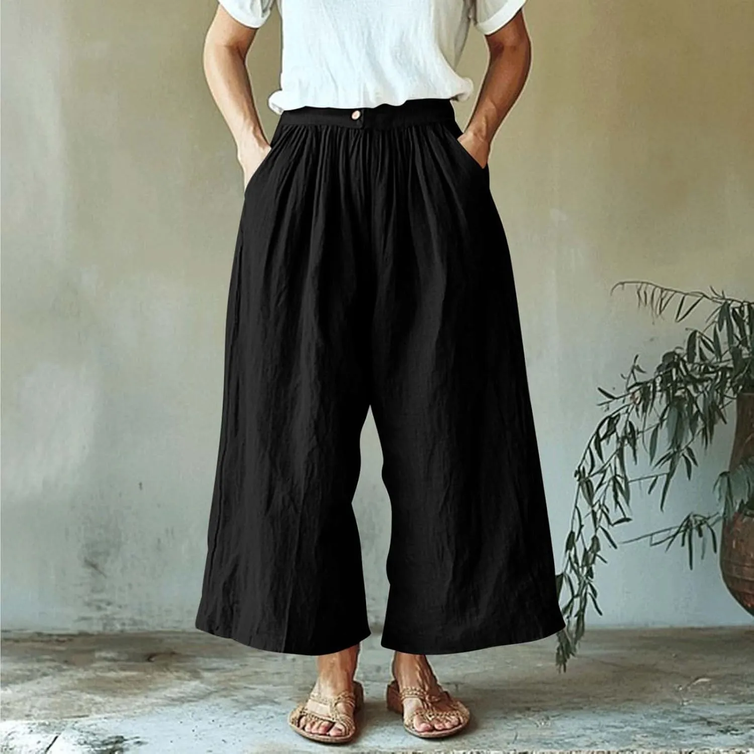 HGps8w Women's Summer Cotton Linen Loose Cropped Palazzo Pants Trendy Wide Leg High Waisted Lounge Trousers with Pockets