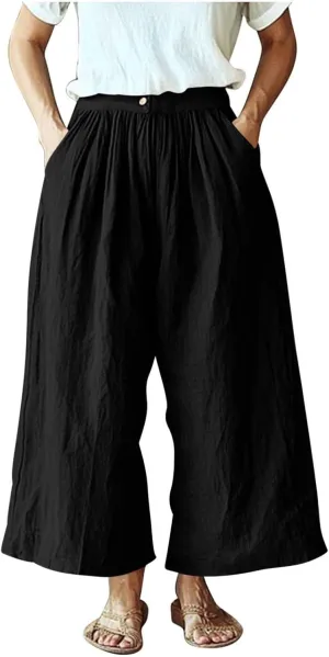 HGps8w Women's Summer Cotton Linen Loose Cropped Palazzo Pants Trendy Wide Leg High Waisted Lounge Trousers with Pockets