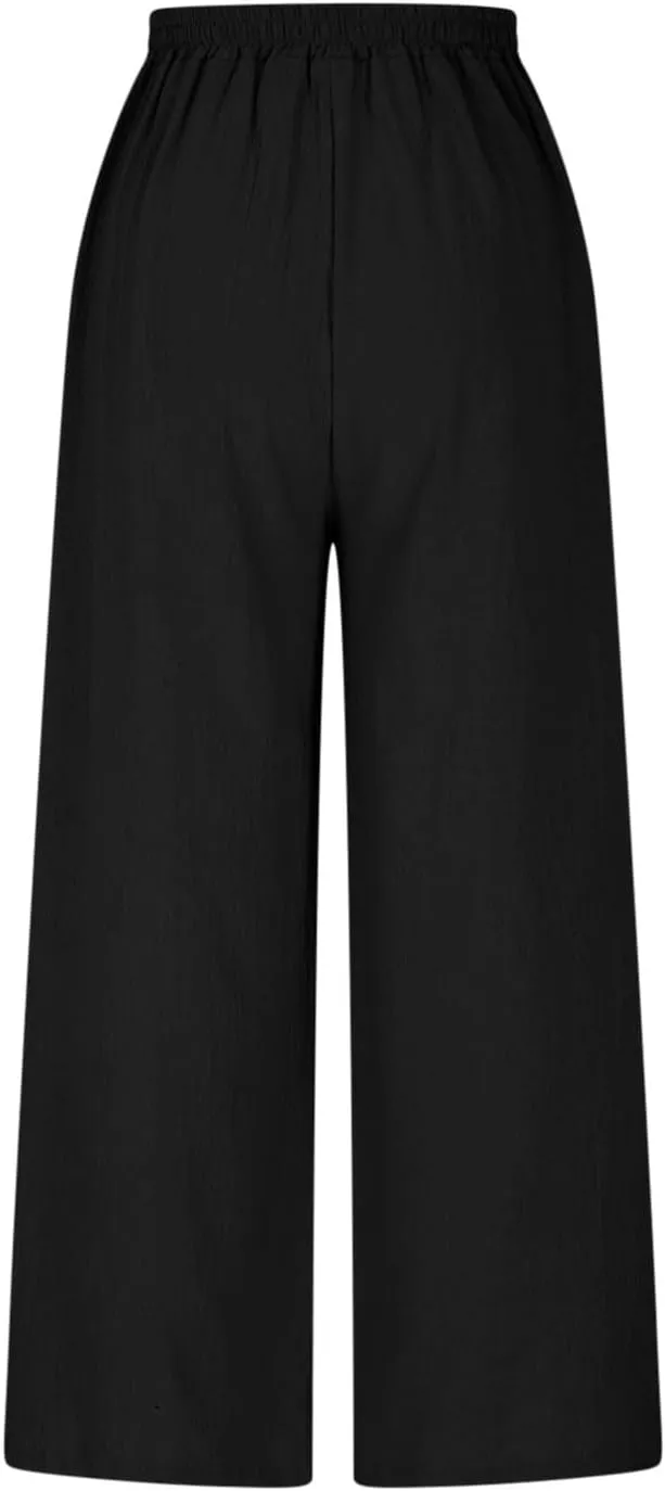 HGps8w Women's Summer Cotton Linen Loose Cropped Palazzo Pants Trendy Wide Leg High Waisted Lounge Trousers with Pockets