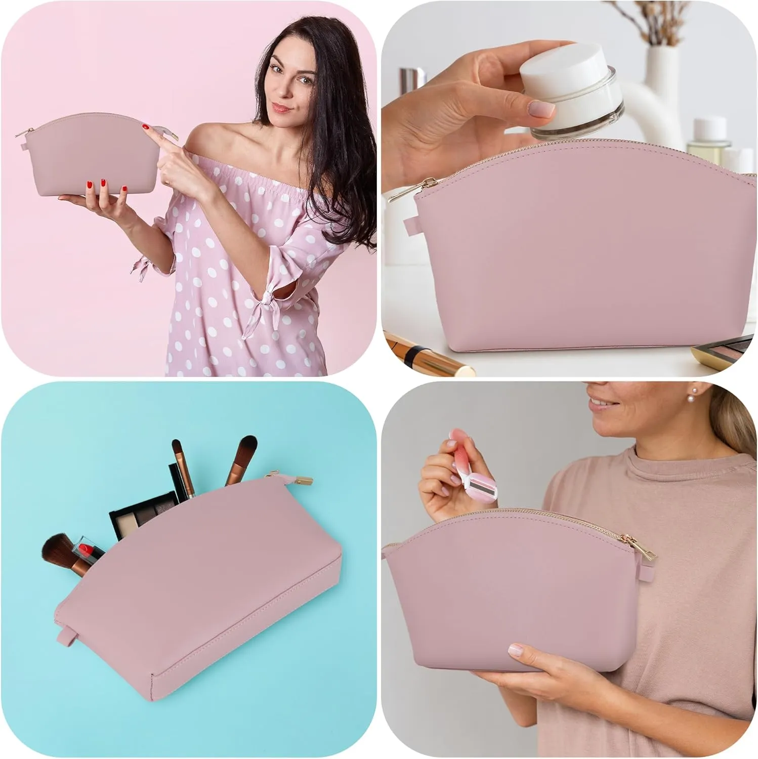 HIFA Leather Makeup Bag, Travel Makeup Bag -Perfect Size, Top Zipper Closure, Lined Inside- Makeup Case, Makeup Organizer Bag, Pink
