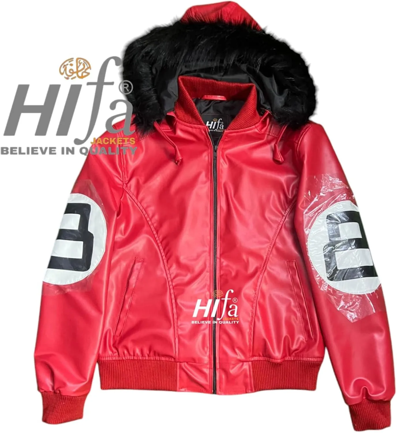 Hifa Men's Authentic 8 Ball Logo Pool Billiard Cue Bomber 90's Retro PU Faux Leather Jacket With Fur Hood