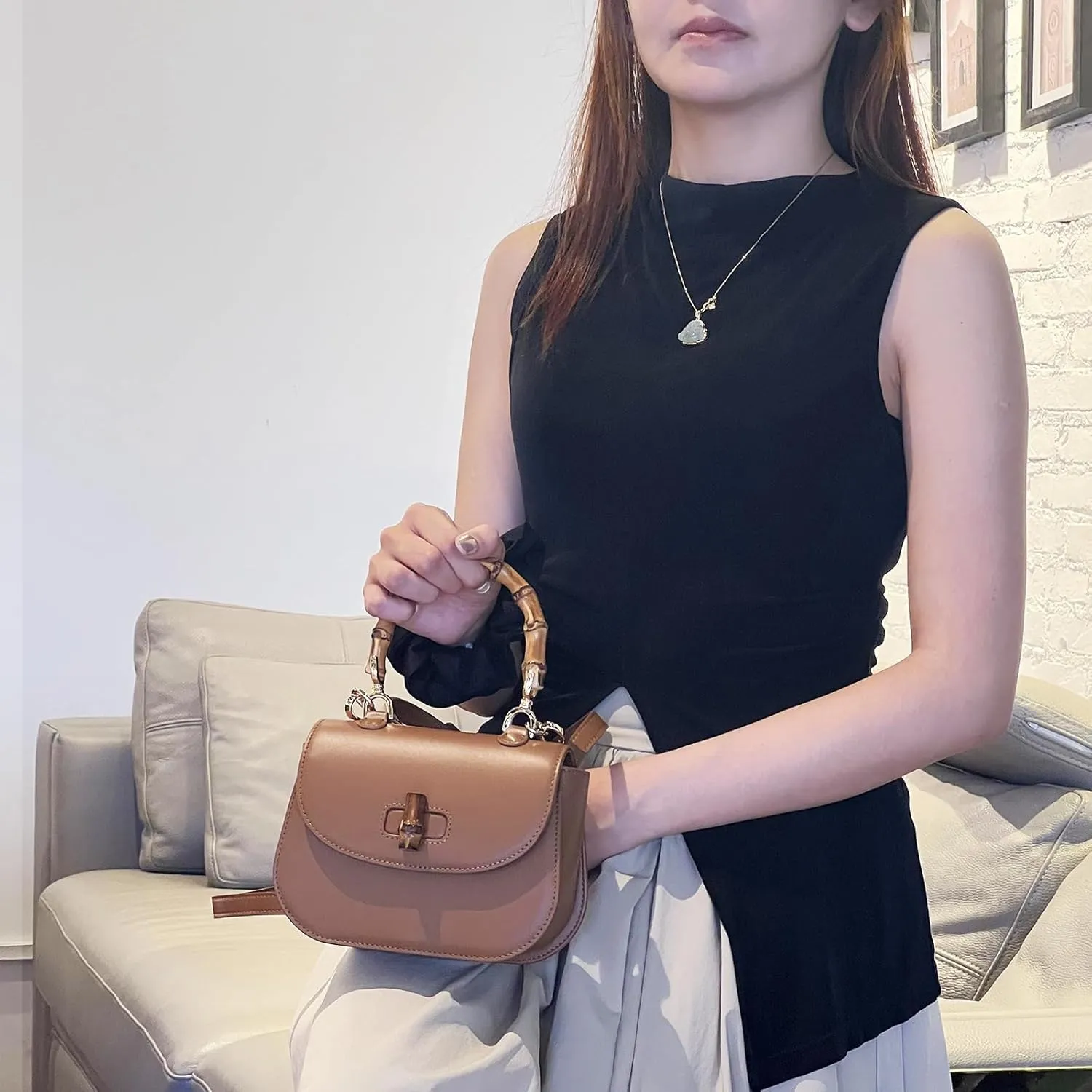 High-end Hand Bag Genuine Leather Women's Bag Bamboo Handle Shoulder Crossbody Bag Tofu Bag(Black)