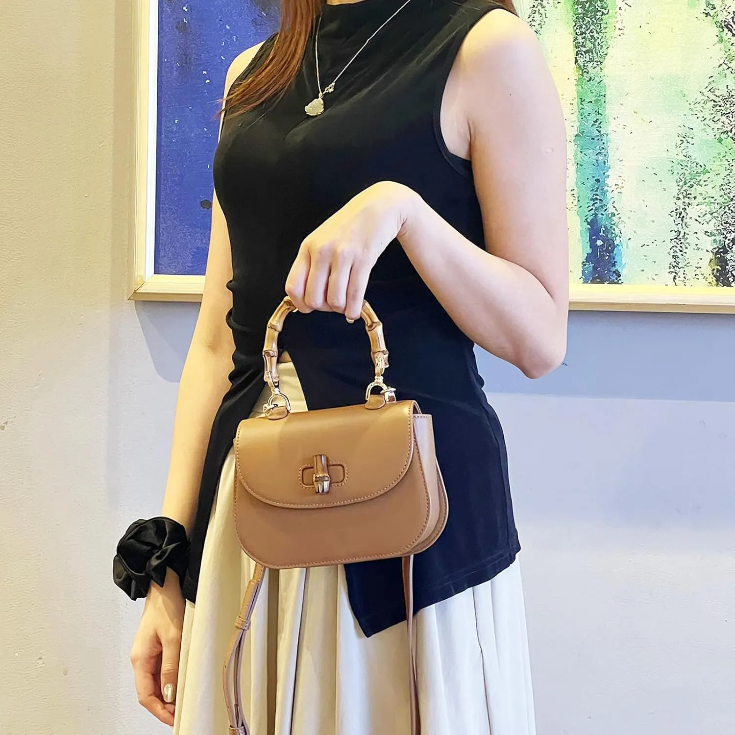 High-end Hand Bag Genuine Leather Women's Bag Bamboo Handle Shoulder Crossbody Bag Tofu Bag(Black)