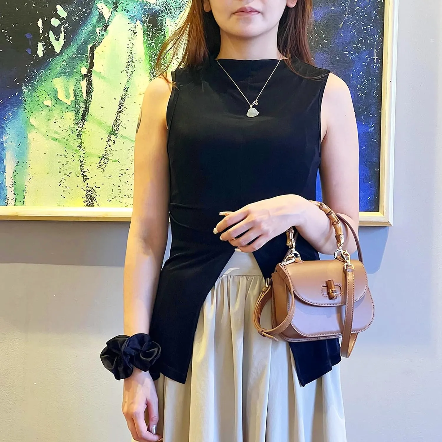 High-end Hand Bag Genuine Leather Women's Bag Bamboo Handle Shoulder Crossbody Bag Tofu Bag(Black)