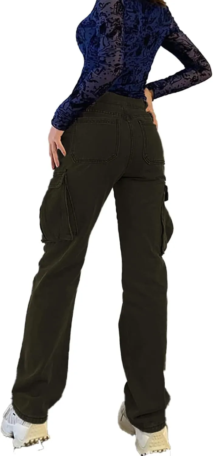 High Rise Boyfriend Jeans for Women Y2K Baggy Straight Wide Leg Cargo Jeans Denim Pants Streetwear with Pockets