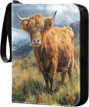 Highland Cow Painting Card Binder with 50 Removable Page Sleeves PU Leather Collectible Trading Card Albums Book with Zipper for Games Card,Baseball Cards
