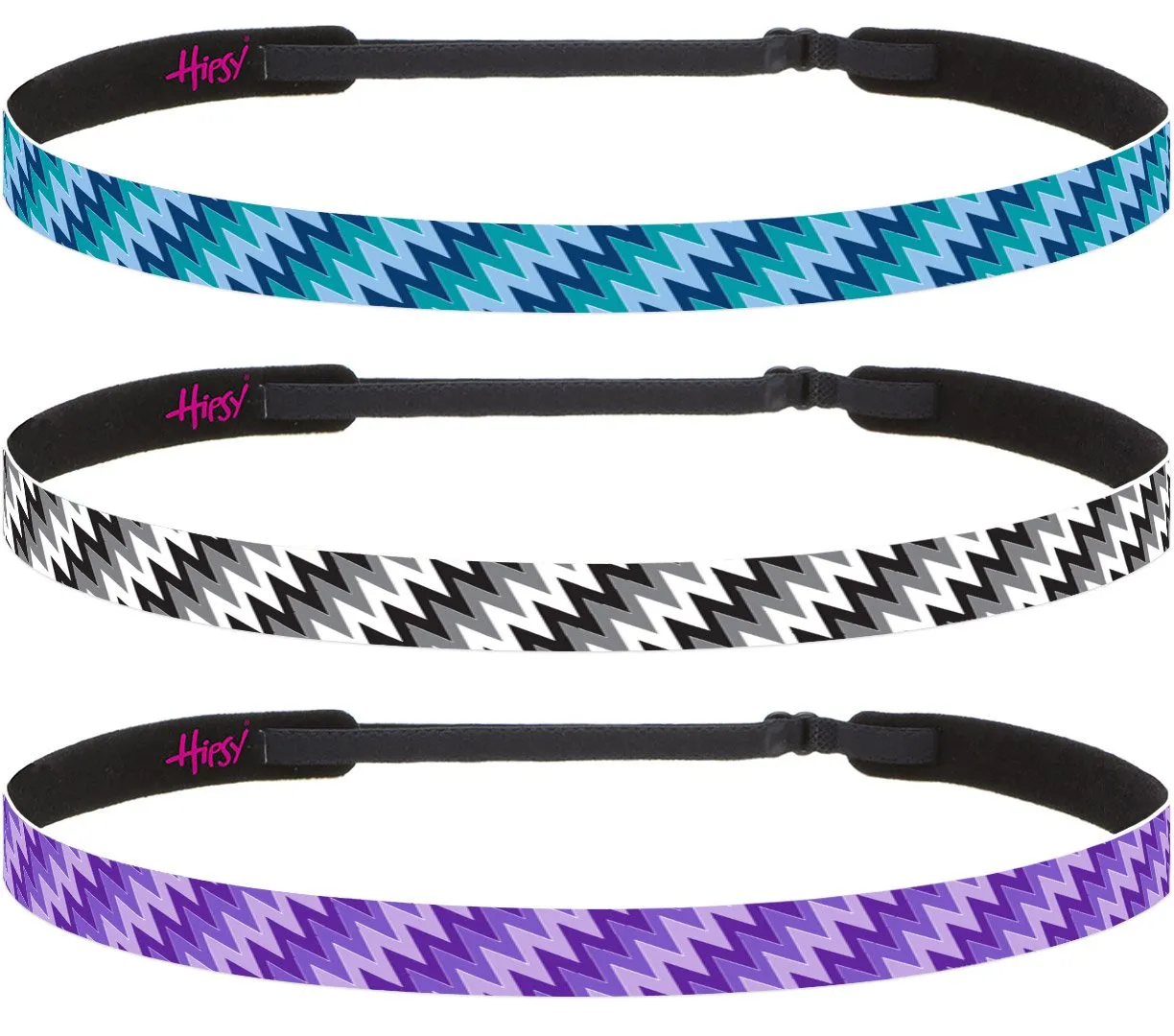 Hipsy Adjustable Non Slip Skinny Fashion Printed Sports Headbands 3-pack (Zigzag Dark Purple/Black/Teal)