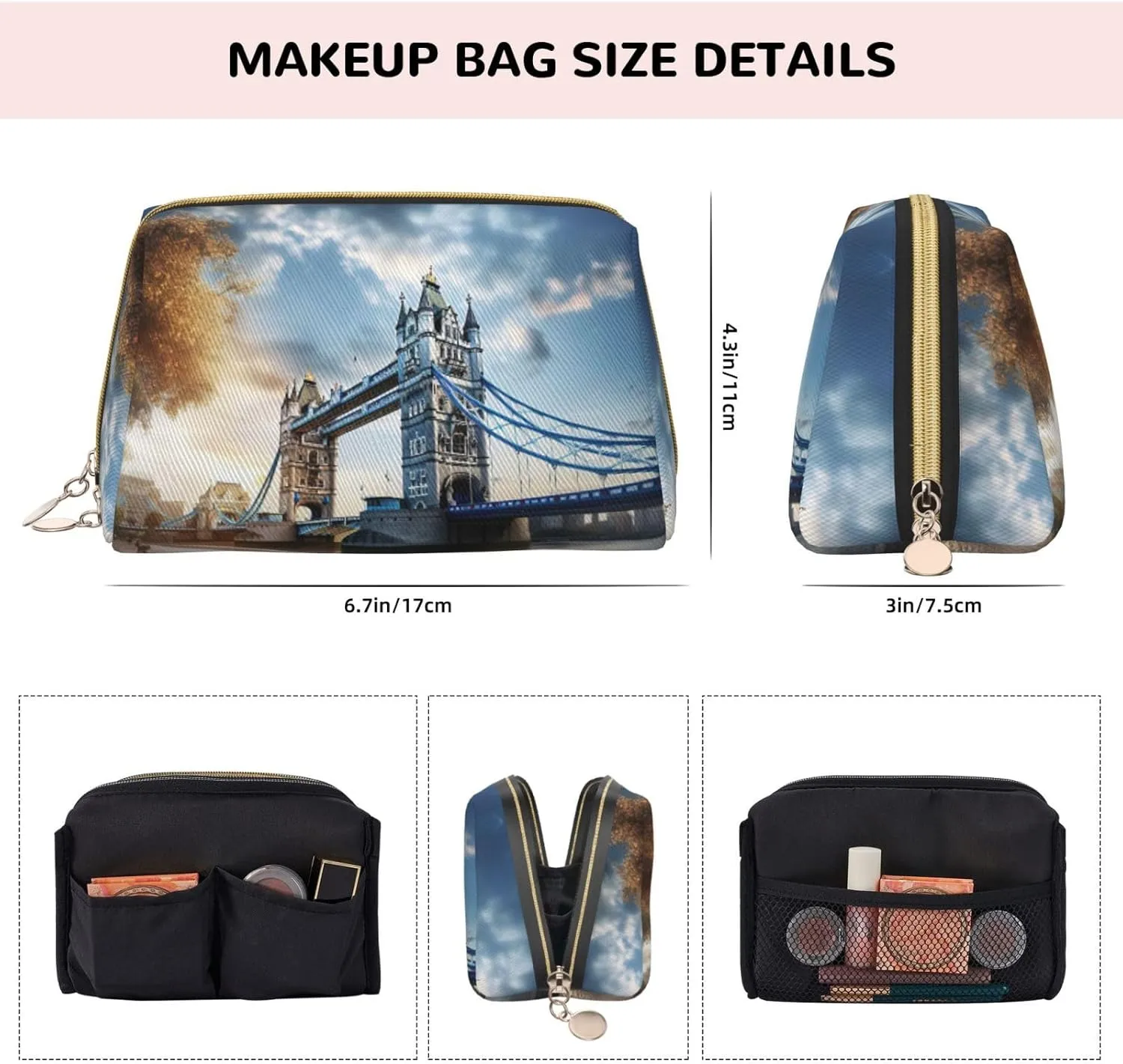 Historic Old Tower Bridge London Travel Toiletry Organizer, Portable Makeup Bag For Women