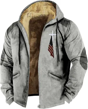 Hoodies for Men Fall Winter Jackets USA Flag Graphic Printed Big&Tall Plus Size Loose Sweatshirts with Elbow Patch