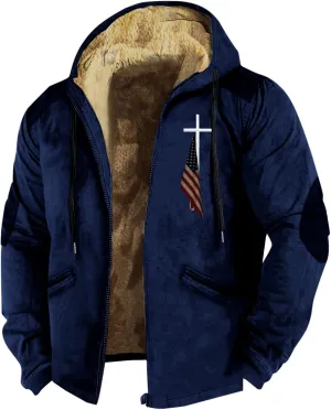 Hoodies for Men Fall Winter Jackets USA Flag Graphic Printed Big&Tall Plus Size Loose Sweatshirts with Elbow Patch