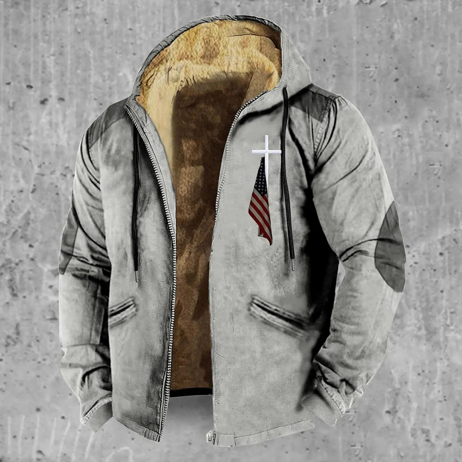 Hoodies for Men Fall Winter Jackets USA Flag Graphic Printed Big&Tall Plus Size Loose Sweatshirts with Elbow Patch