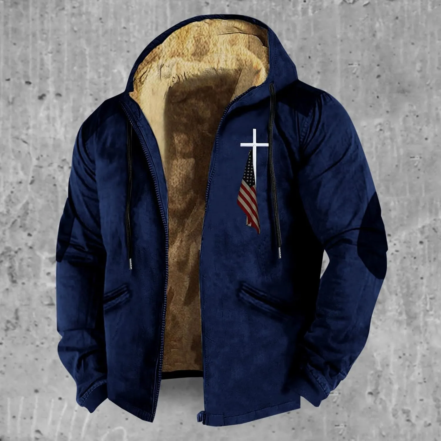 Hoodies for Men Fall Winter Jackets USA Flag Graphic Printed Big&Tall Plus Size Loose Sweatshirts with Elbow Patch
