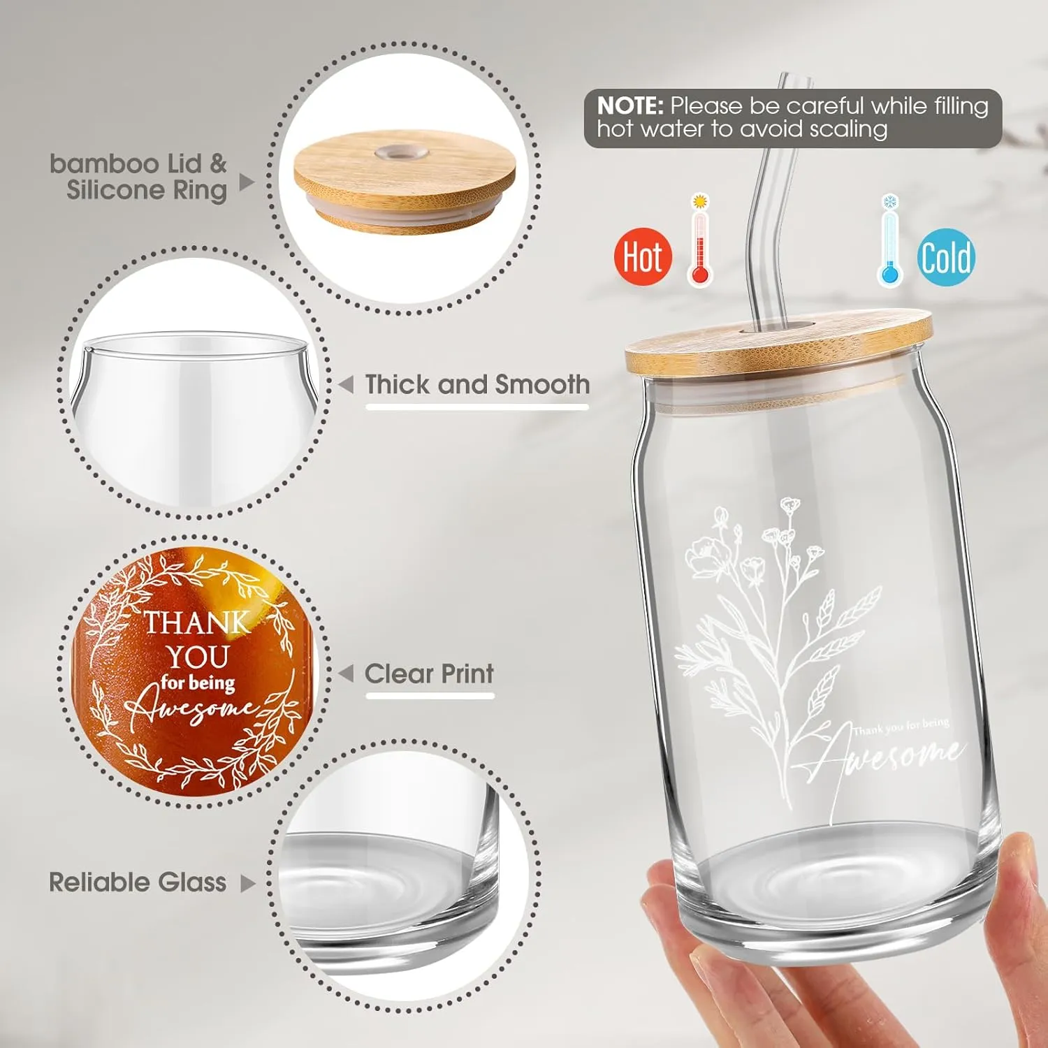 Hoolerry 9 Pcs Thank You Gifts for Women 16oz Glass Cup Motivational Pouch Employee Appreciation Keychain for Coworkers(Aesthetics)