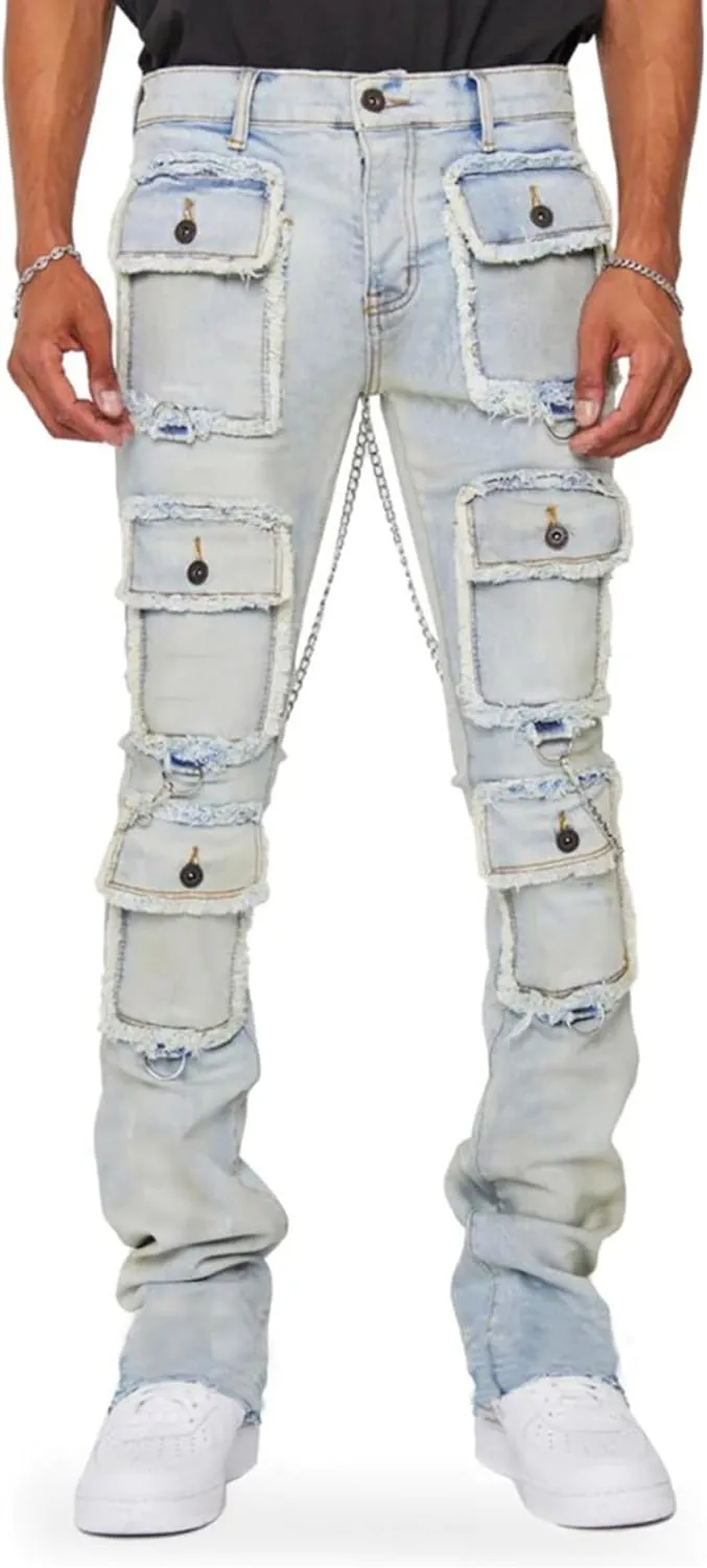 Hulpvktsgiq Jeans for Men Ripped Stretch Fit Skinny Stacked Rhinestone Jeans Slim Fit Denim Pants Fashion Trousers Streetwear