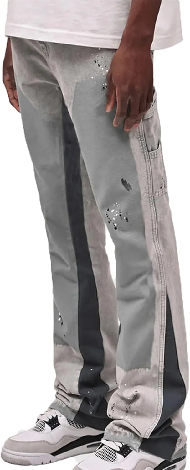 Hulpvktsgiq Jeans for Men Ripped Stretch Fit Skinny Stacked Rhinestone Jeans Slim Fit Denim Pants Fashion Trousers Streetwear