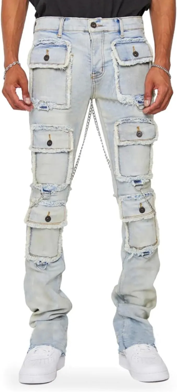 Hulpvktsgiq Jeans for Men Ripped Stretch Fit Skinny Stacked Rhinestone Jeans Slim Fit Denim Pants Fashion Trousers Streetwear